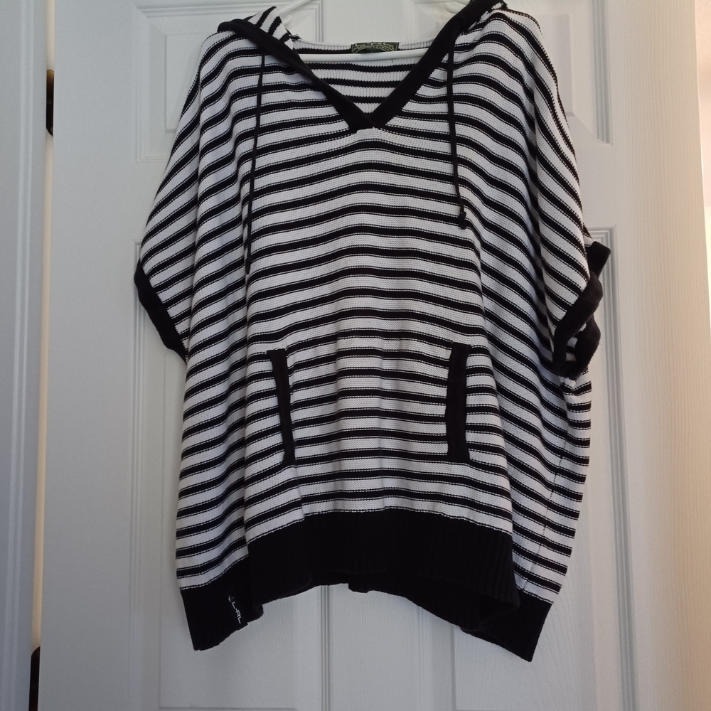 L-R-L Lauren Active Womens Size CL Striped Blue and White Women's Sweater Hooded